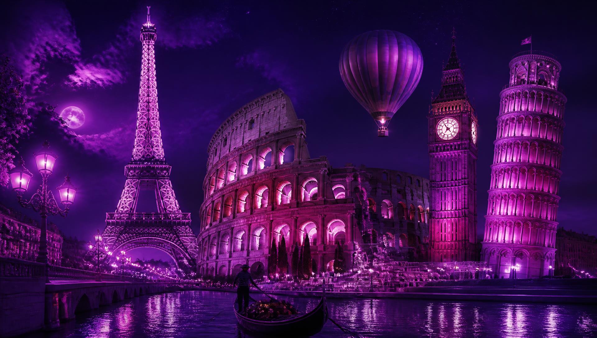 Monumentos de Europa iluminados en violeta: Torre Eiffel, Coliseo, Big Ben y Torre de Pisa